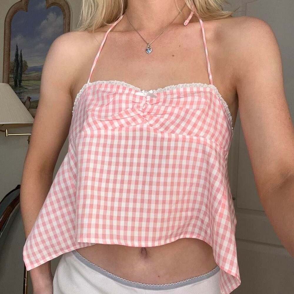 Edikted Pink Gingham Babydoll Halter Crop Top - Picture 1 of 7